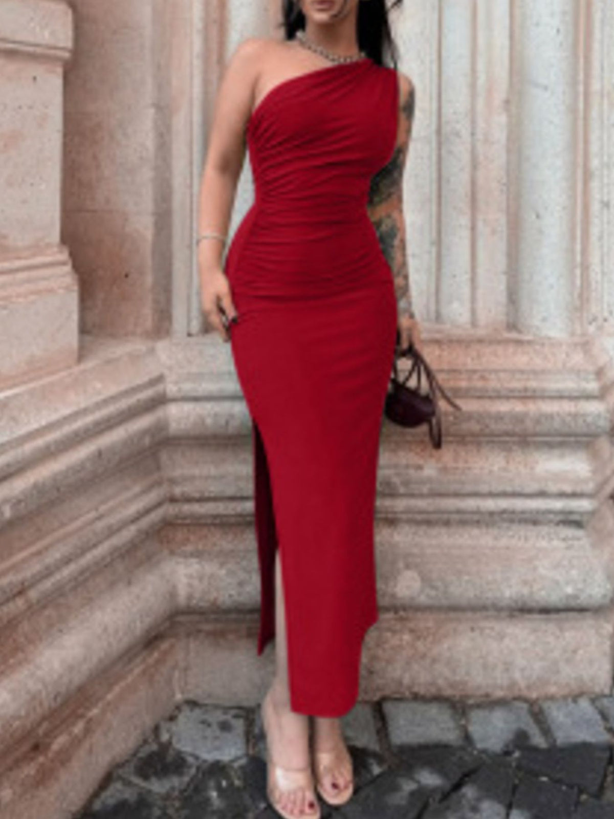 One-Shoulder Ruched Bodycon Slit Dress - alternate view 11