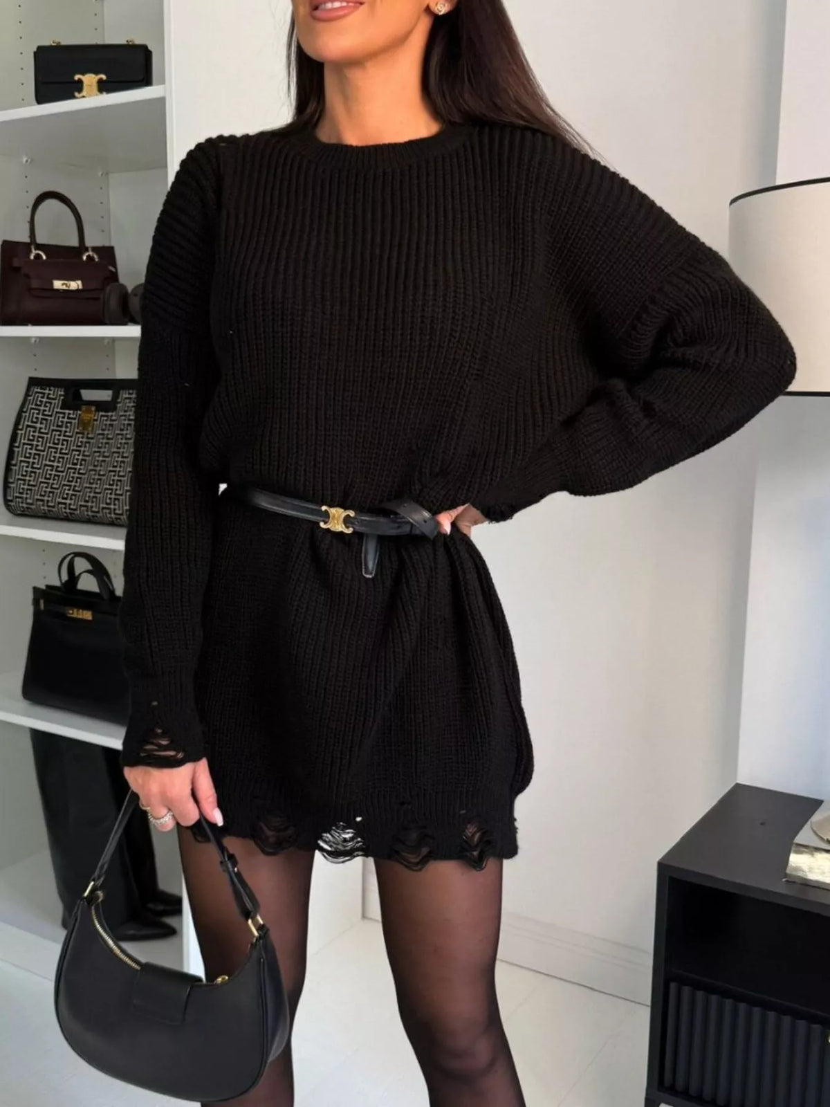 Distressed Round Neck Drop Shoulder Sweater Dress - alternate view 4