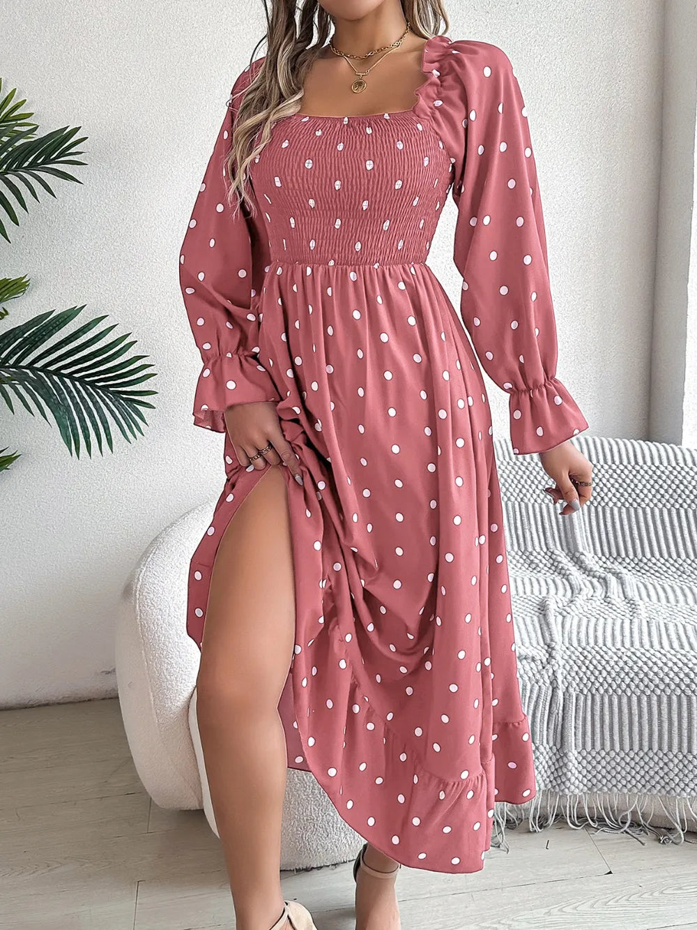 Polka Dot Flounce Sleeve Midi Dress - alternate view 5