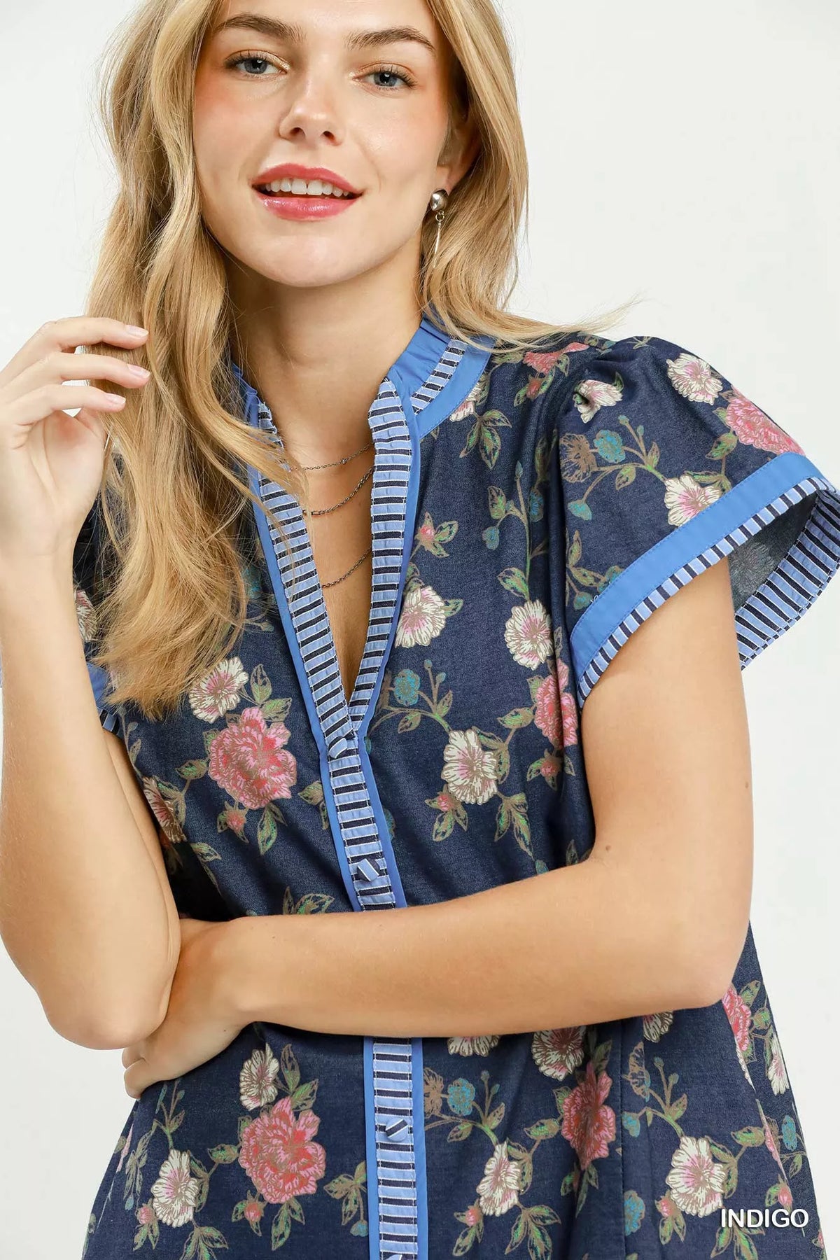 Floral Contrast Trim Ruffle Hem Mini Dress - alternate view 6