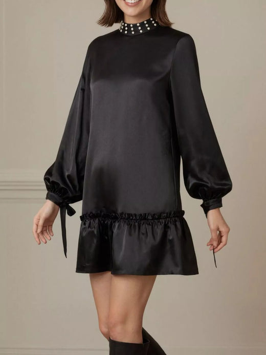 Pearl-Embellished Mock Neck Ruffle Hem Dress - alternate view 2