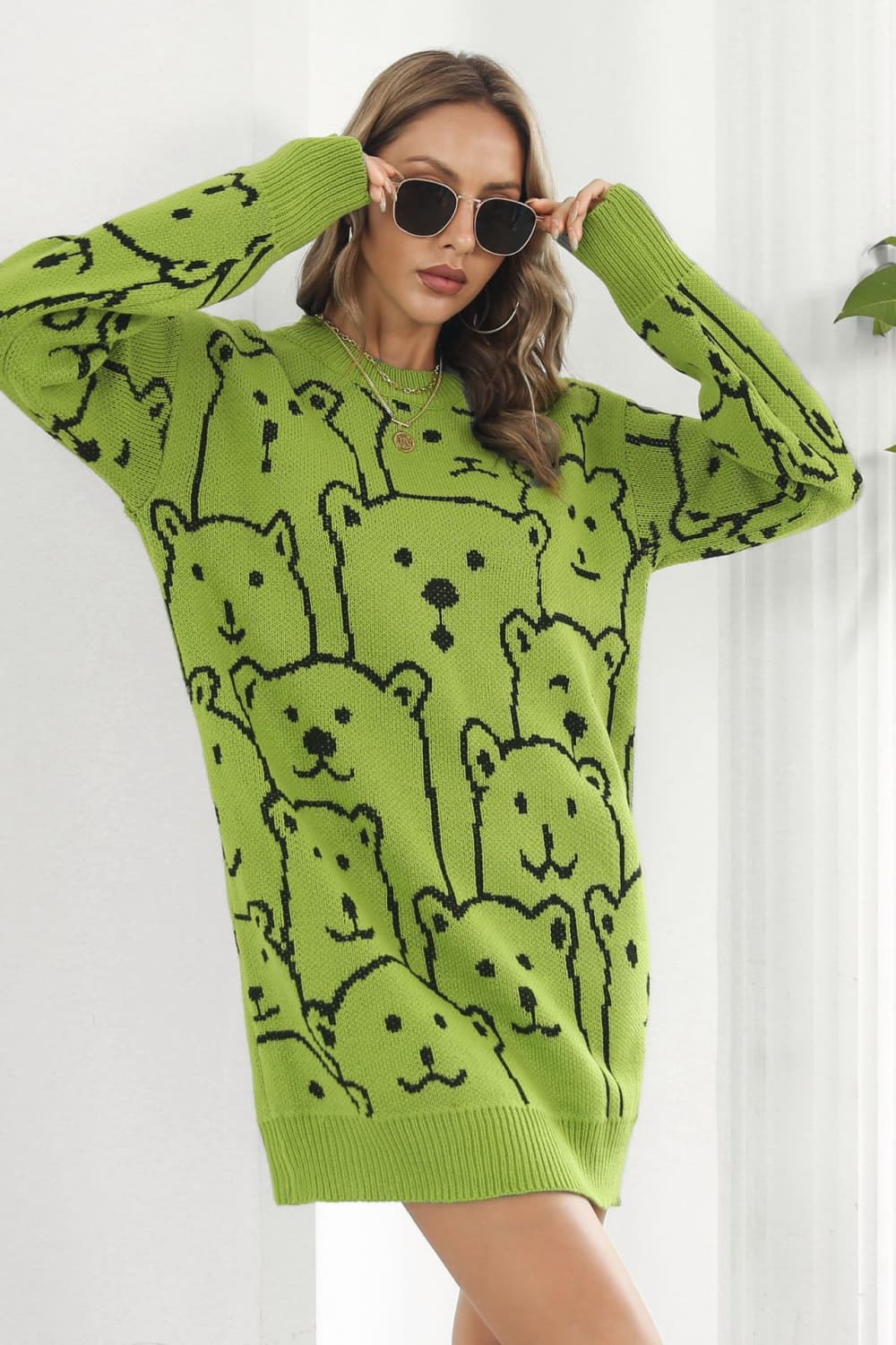 Bear Pattern Round Neck Sweater Dress - alternate view 8