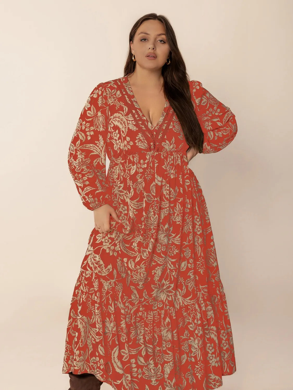 Lace Detail Printed Balloon Sleeve Midi Dress - alternate view 4