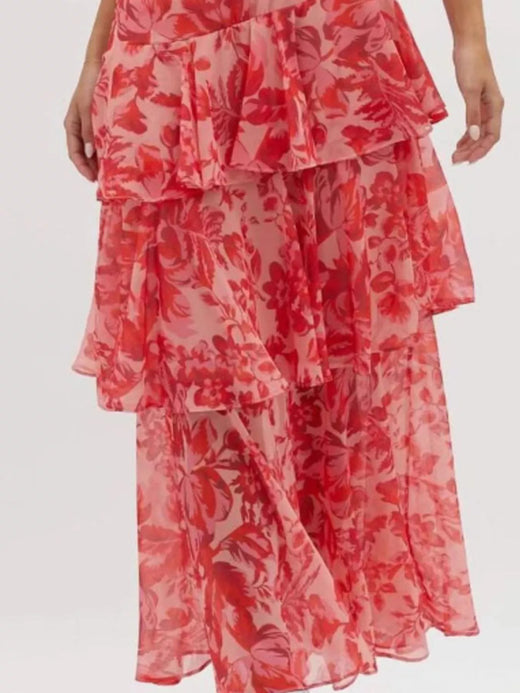V-Neck Sleeveless Floral Print Layered Ruffle Maxi Dress - alternate view 2