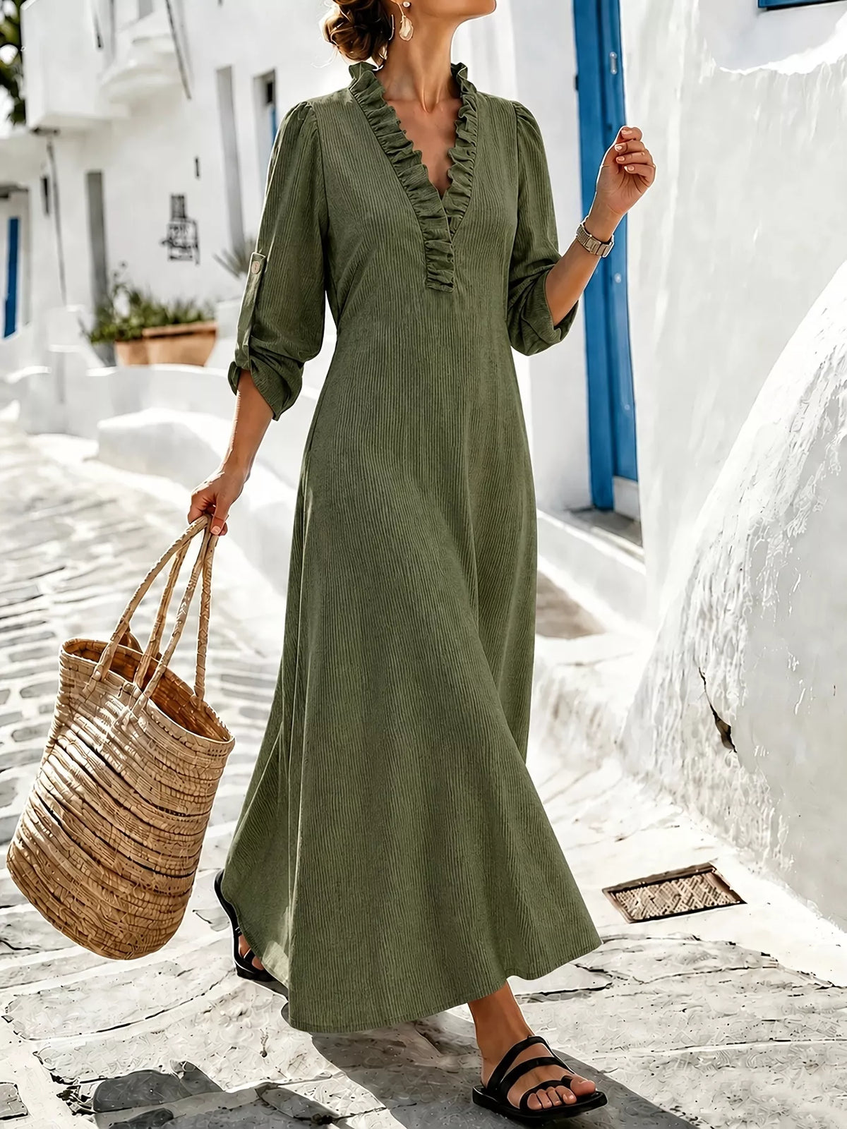 Full Size V-Neck Maxi Dress with Roll-Up Sleeves Plus Size - alternate view 3