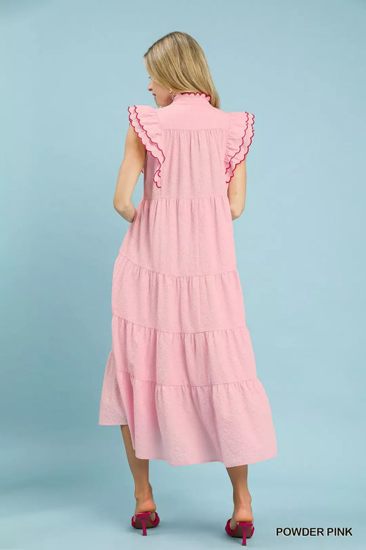 Seersucker Ruffle Sleeve Tiered Midi Dress - alternate view 4
