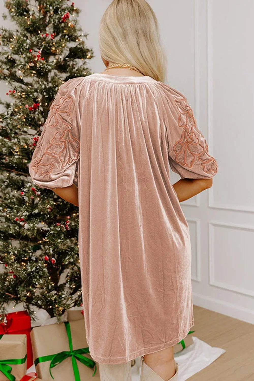 Embroidered‑Sleeve Velvet Mini Shift Dress - alternate view 6