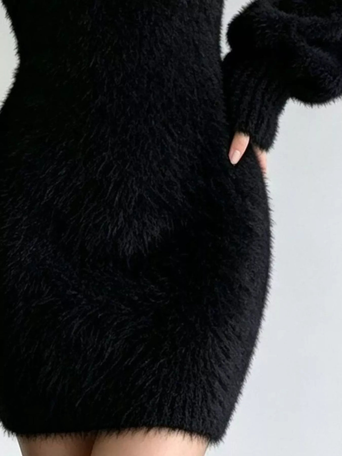 V-Neck Fuzzy Knit Sweater Mini Dress - alternate view 4