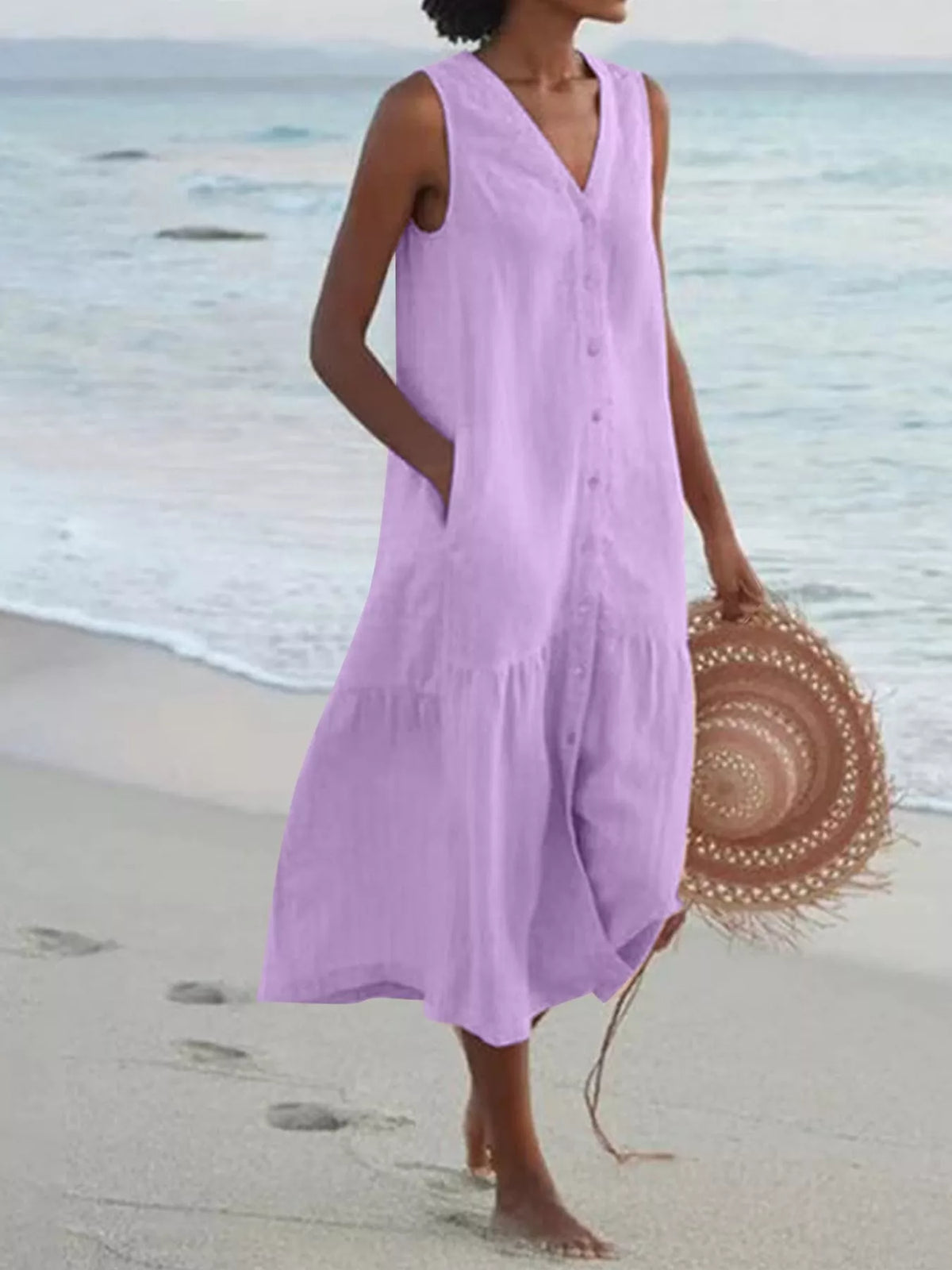 Full Size V-Neck Button Front Sleeveless Midi Dress Plus Size - alternate view 26