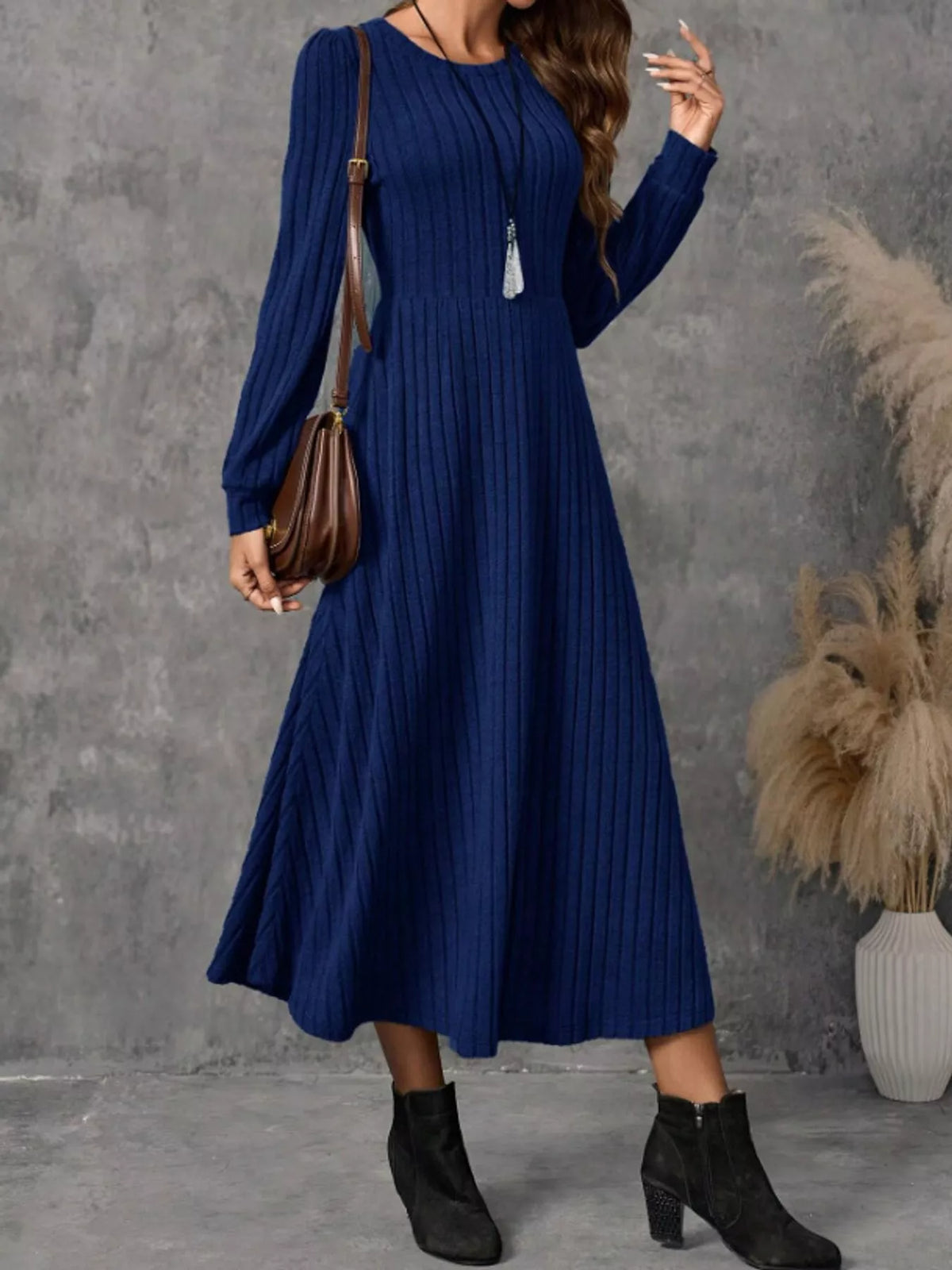 Ribbed Knit Long Sleeve A-Line Midi Dress - alternate view 17