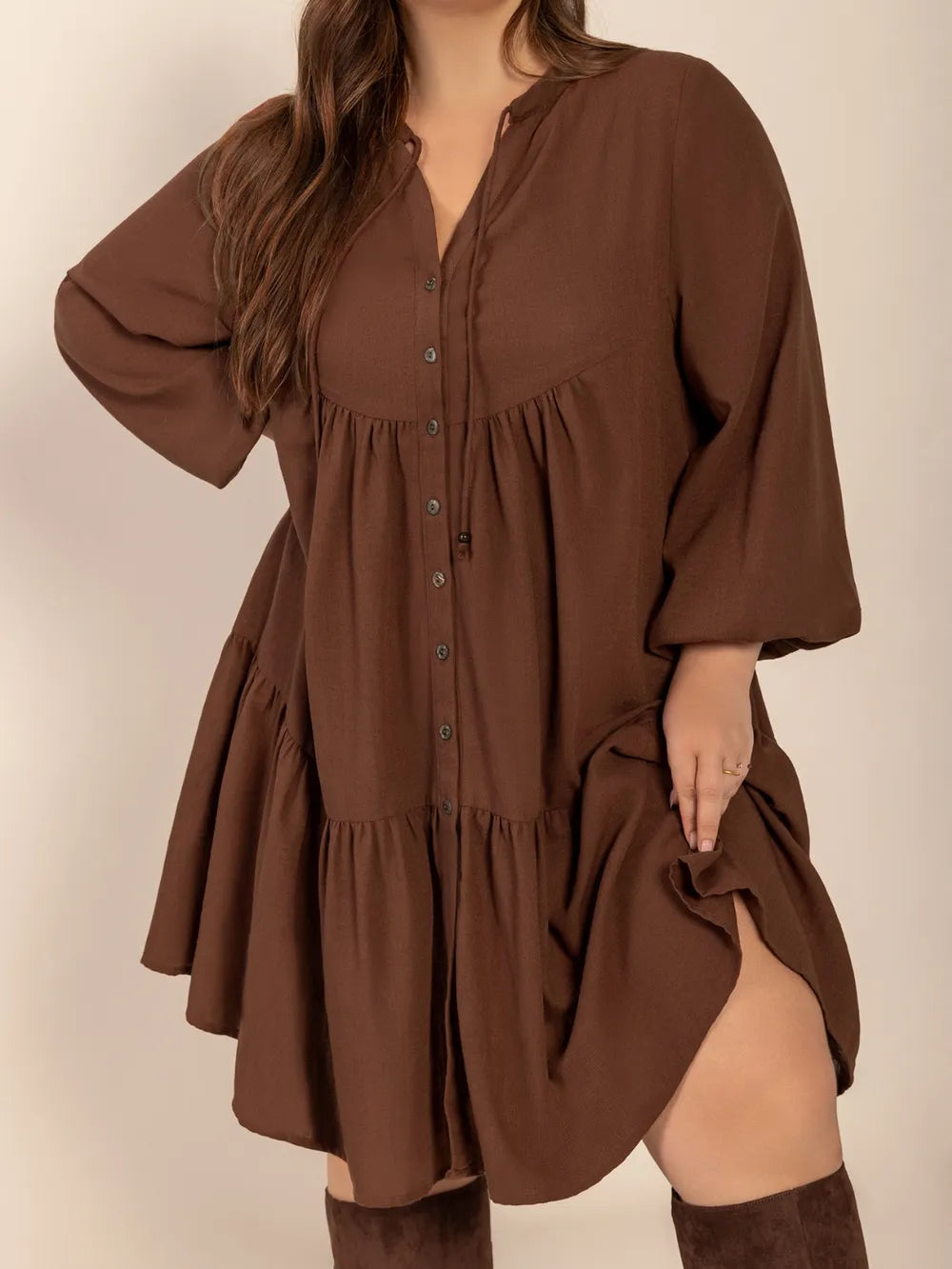 Tie Neck Balloon Sleeve Tiered Dress