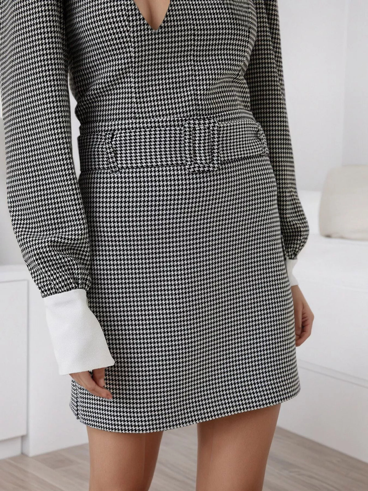 Contrast Collar Houndstooth Mini Dress - alternate view 2