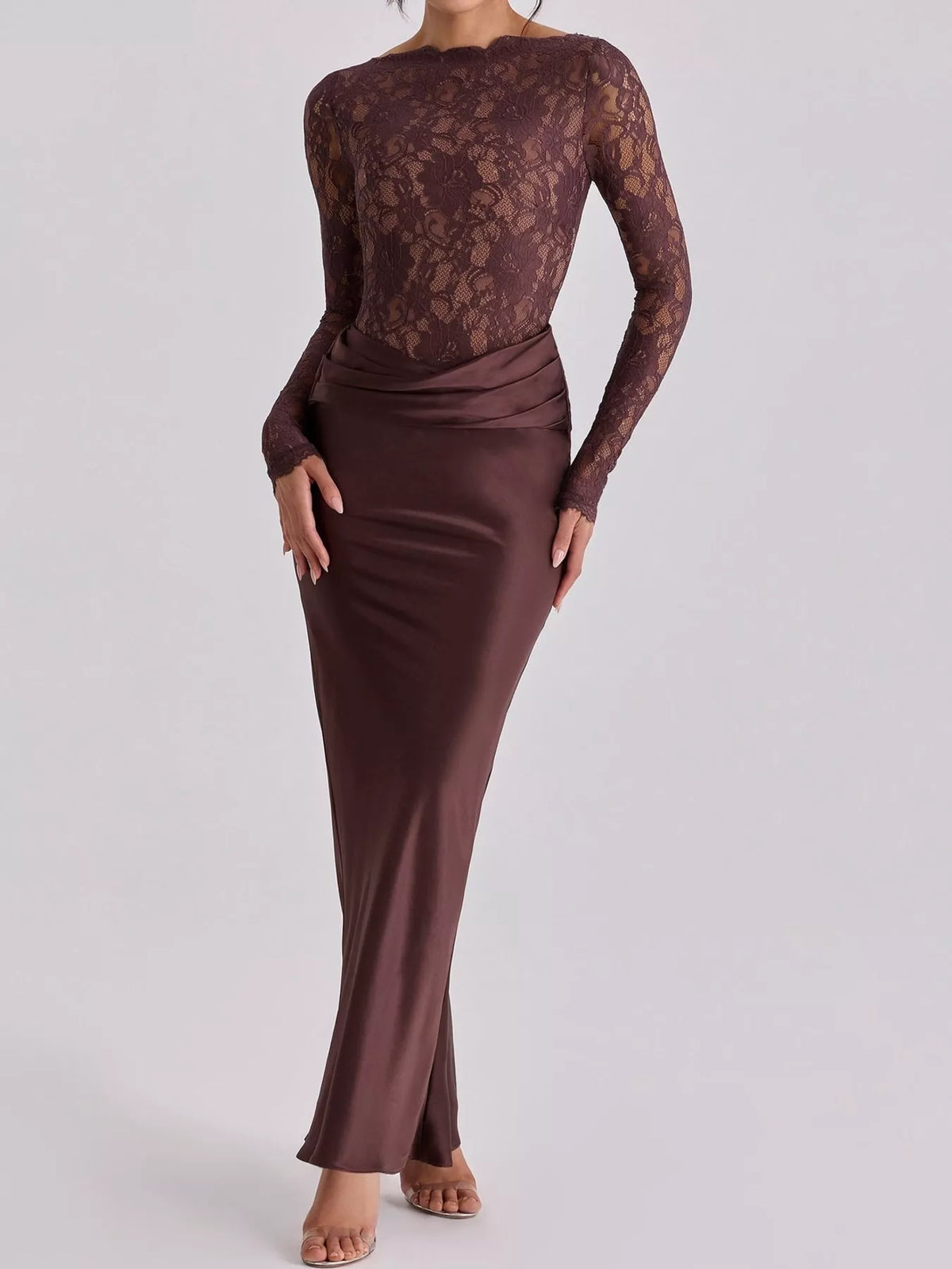 Long-Sleeve Lace and Satin Patchwork Maxi Dress - alternate view 5