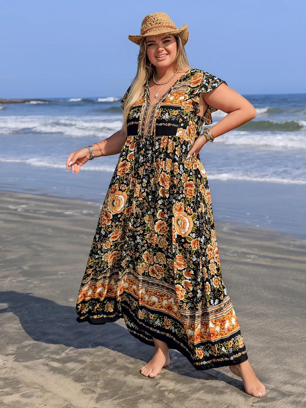 Printed V-Neck Ruffle Cap Sleeve Maxi Dress - alternate view 2