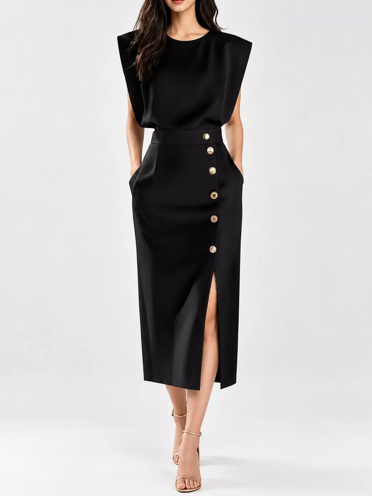 Sleeveless Midi Dress with Gold Button Detail and Side Slit