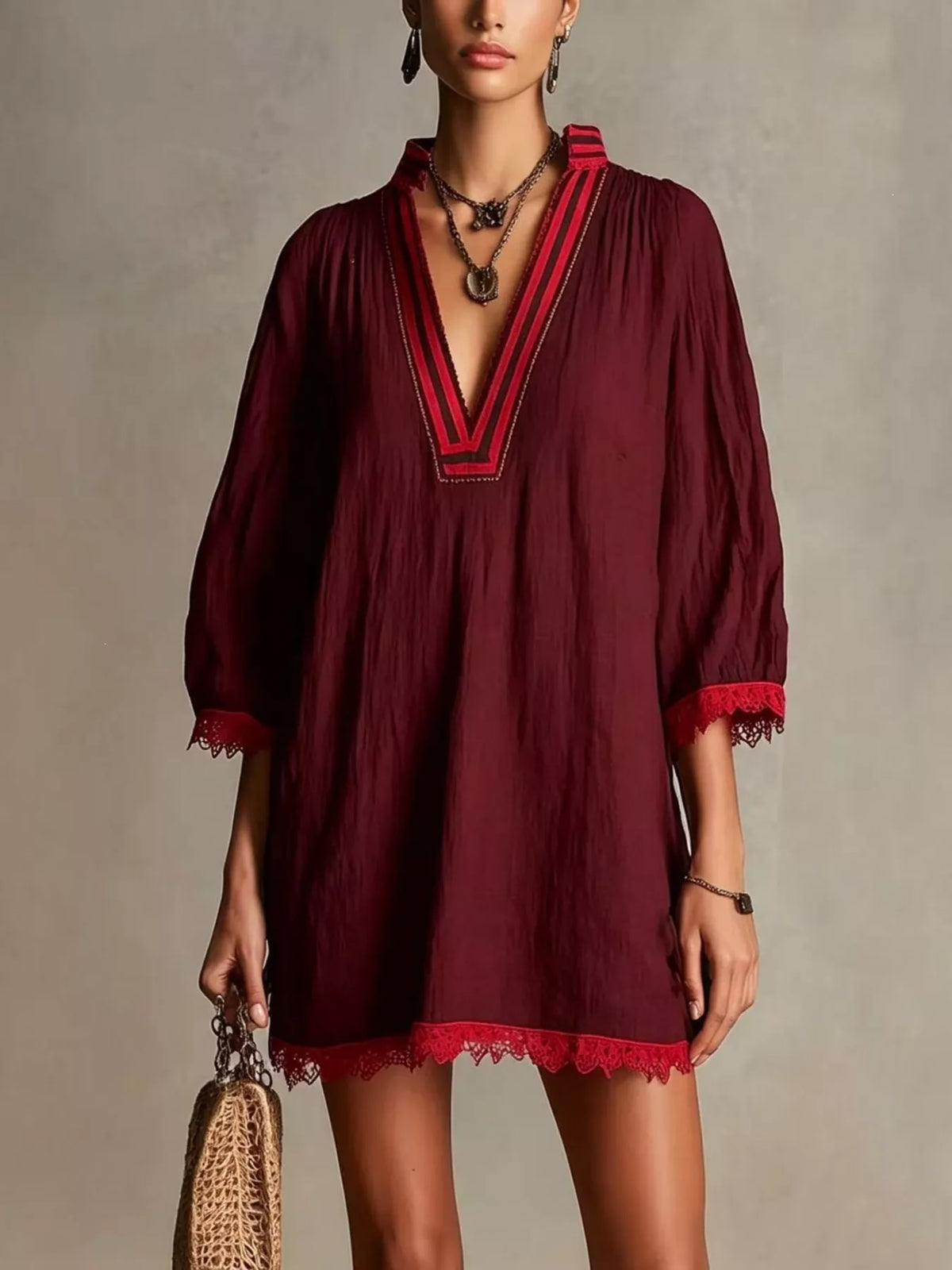 Lace Trim Notched Mini Dress - alternate view 4