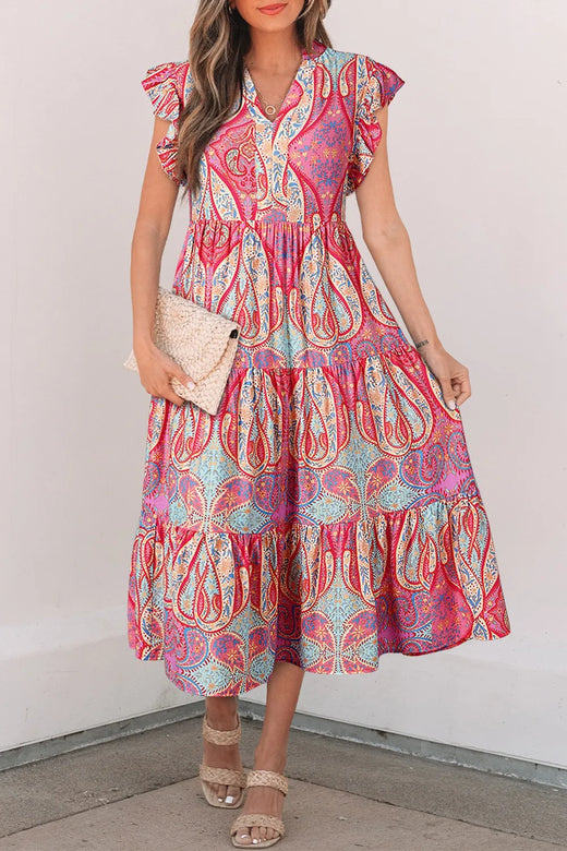 Tribal Paisley Print Ruffled Sleeve Notch Neck Midi Dress