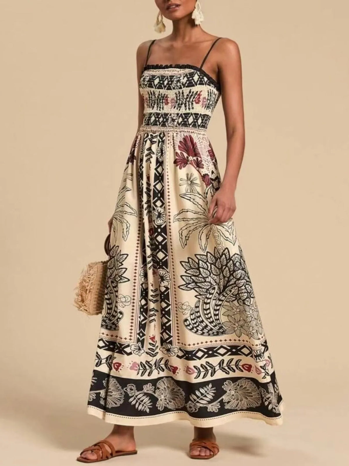 Smocked Printed Spaghetti Strap Maxi Summer Dress - alternate view 5