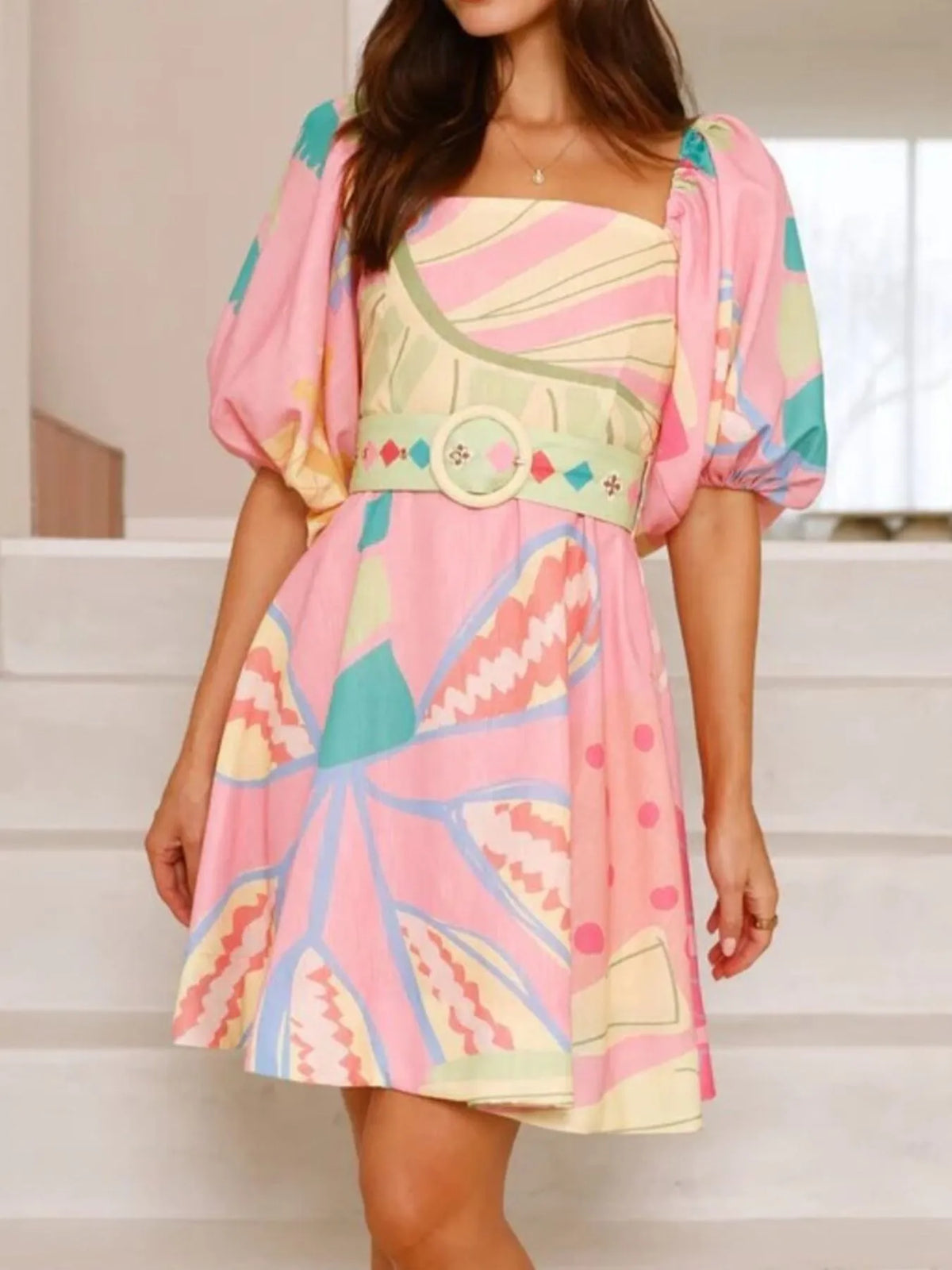 Printed Square Neck Puff Sleeve Dress - alternate view 4