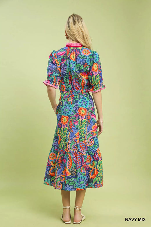 Mix Floral Midi Dress with Ruffle Trim - alternate view 3