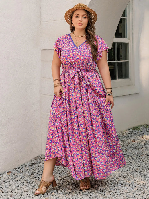Printed V-Neck Flutter Sleeve Tie Waist Maxi Dress