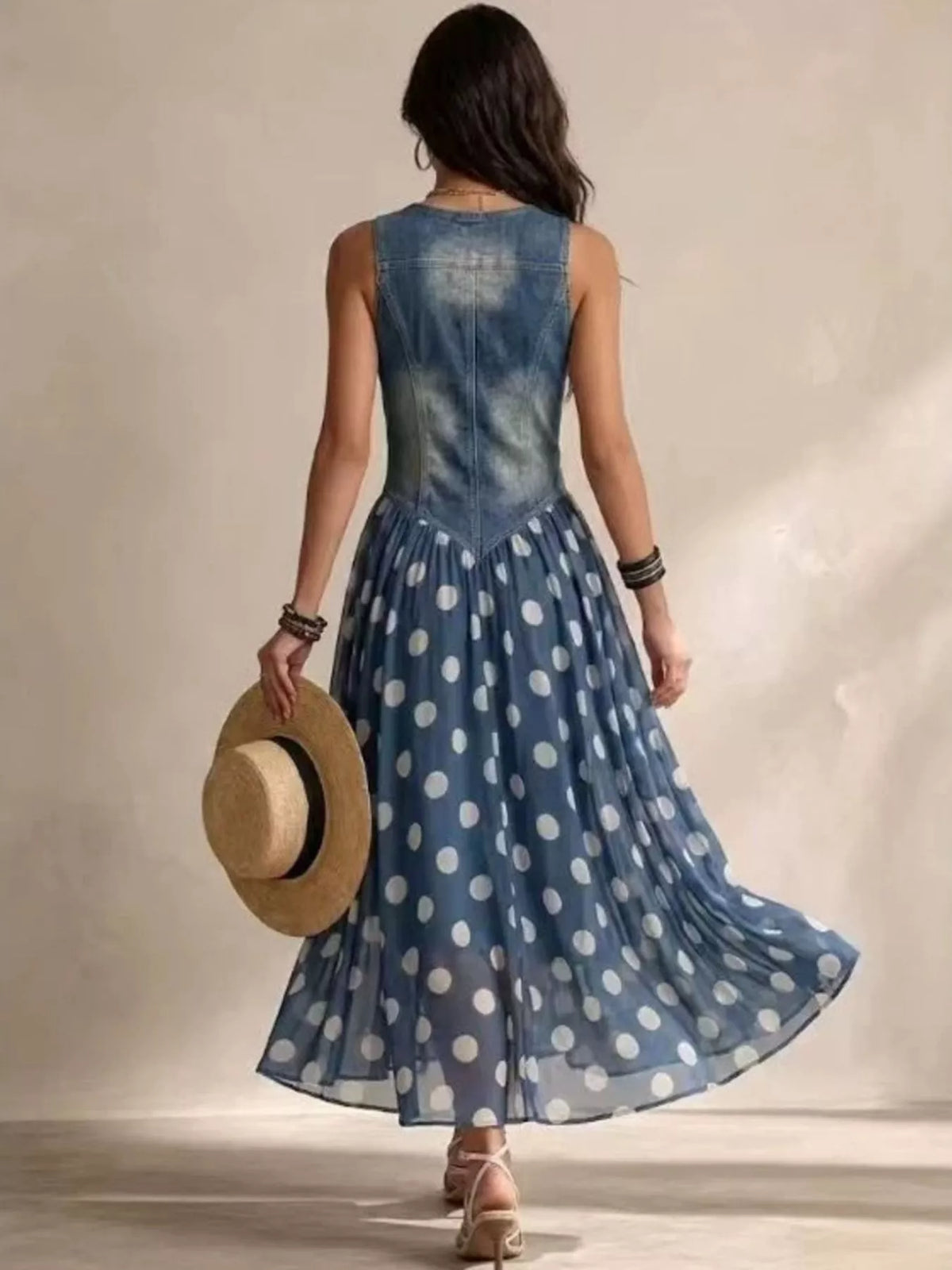 Polka Dot Denim Bodice Sleeveless Maxi Dress - alternate view 2