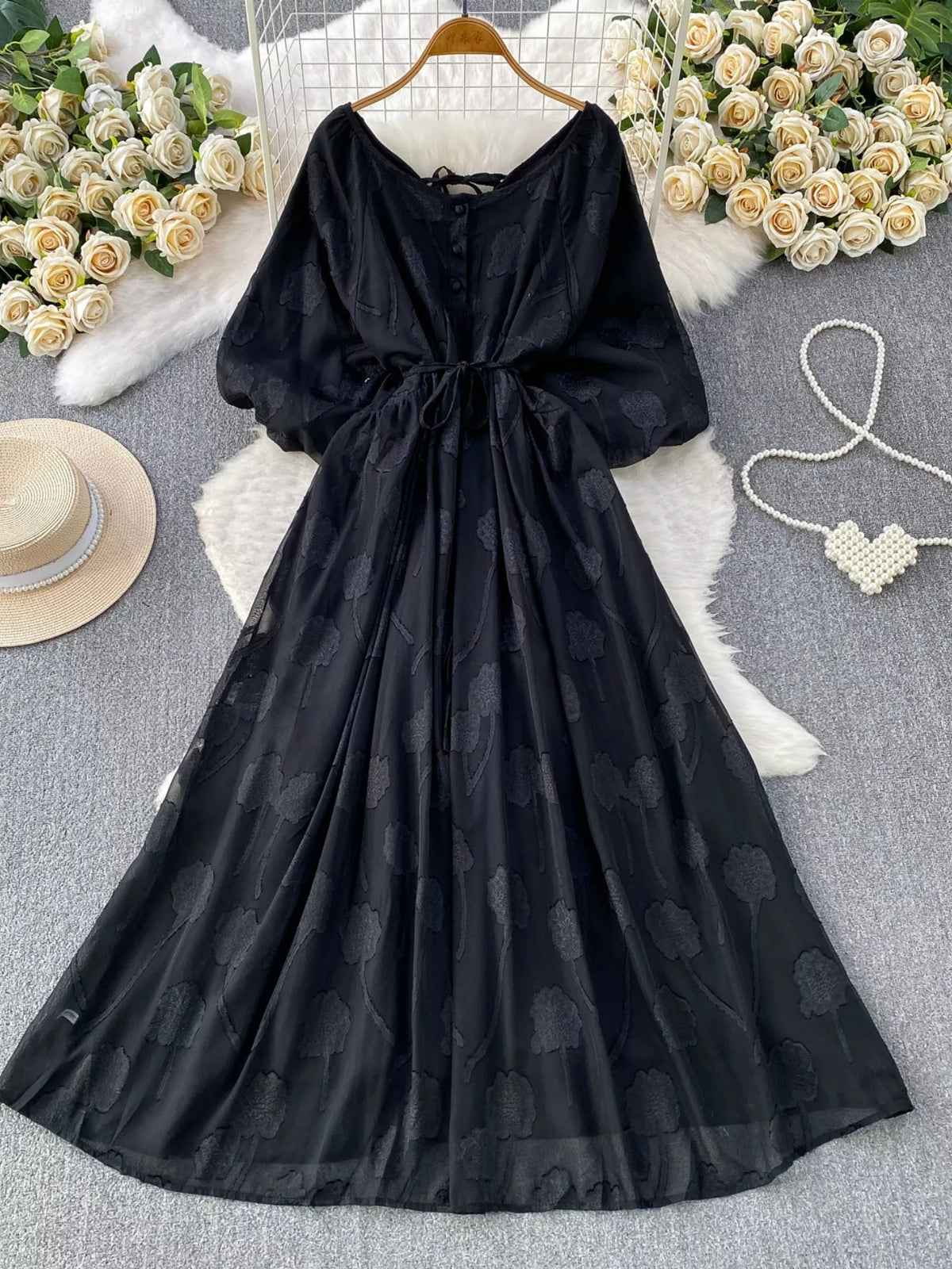 Button Front Puff Sleeve Chiffon Dress - alternate view 8
