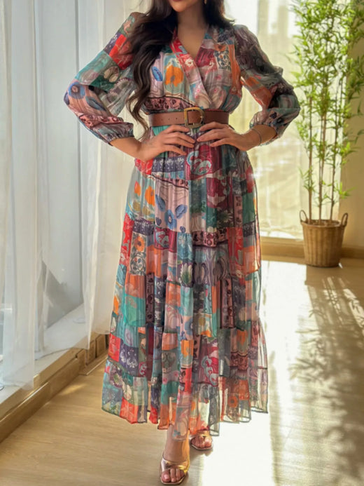 Printed Surplice Long Sleeve Maxi Dress - alternate view 2