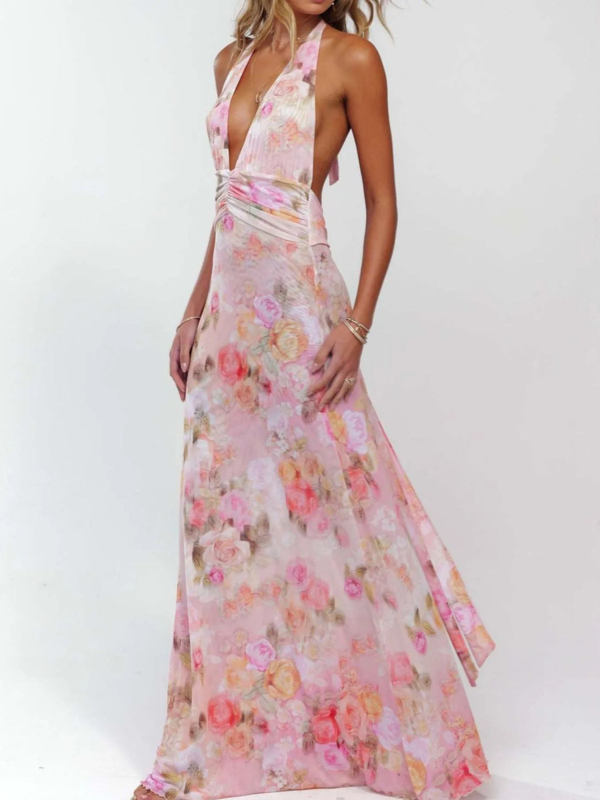 Floral Halter Neck Deep V Maxi Dress - alternate view 3
