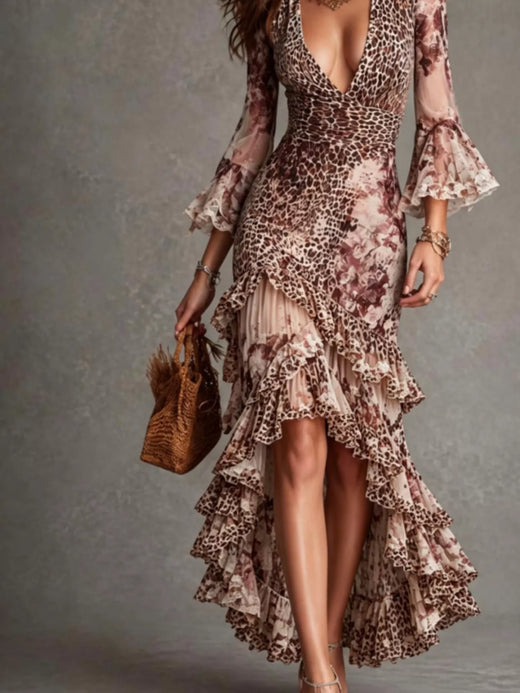 Leopard Print High-Low Ruffle Hem Maxi Dress - alternate view 2