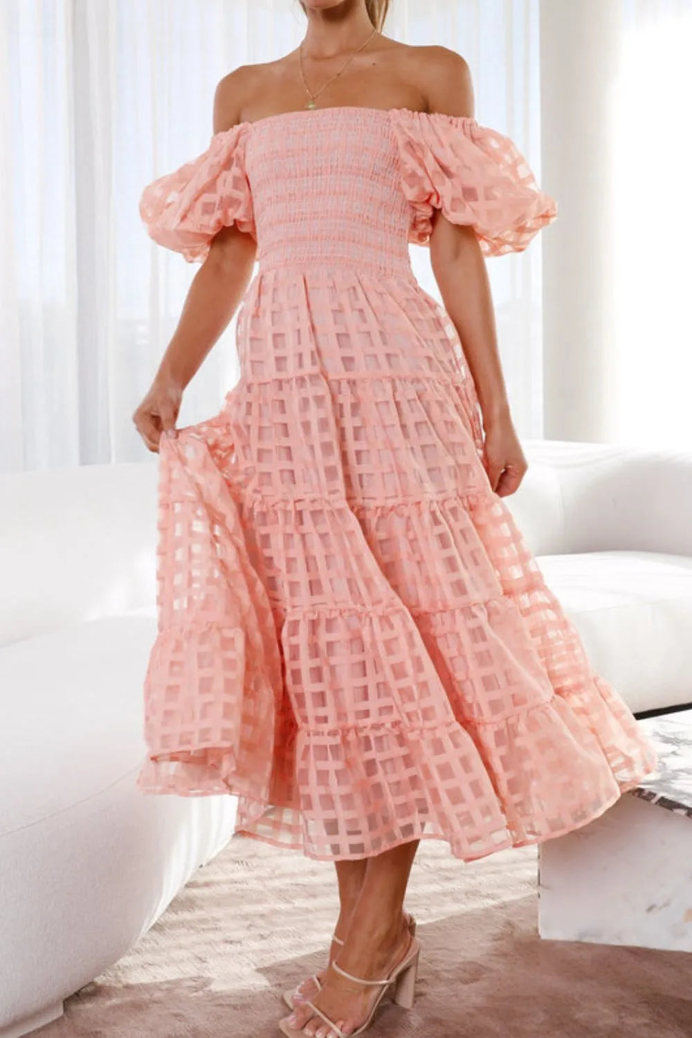 Off Shoulder Short Puff Sleeve Midi Dress - alternate view 6