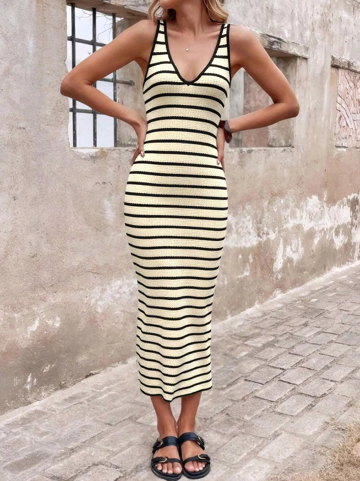 Striped Bodycon Knit Midi Dress - alternate view 2