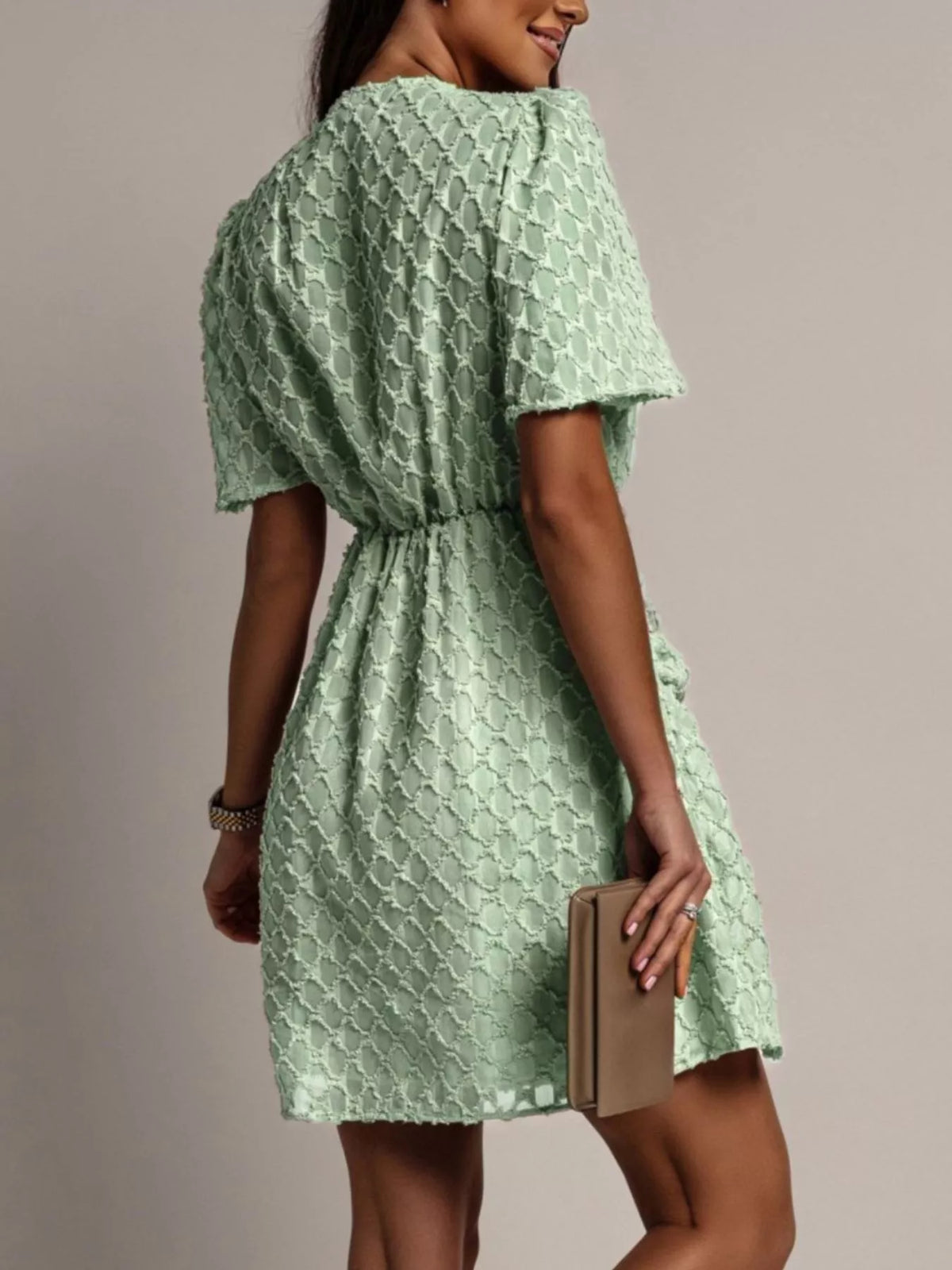 Textured V-Neck Ruched Mini Dress - alternate view 7