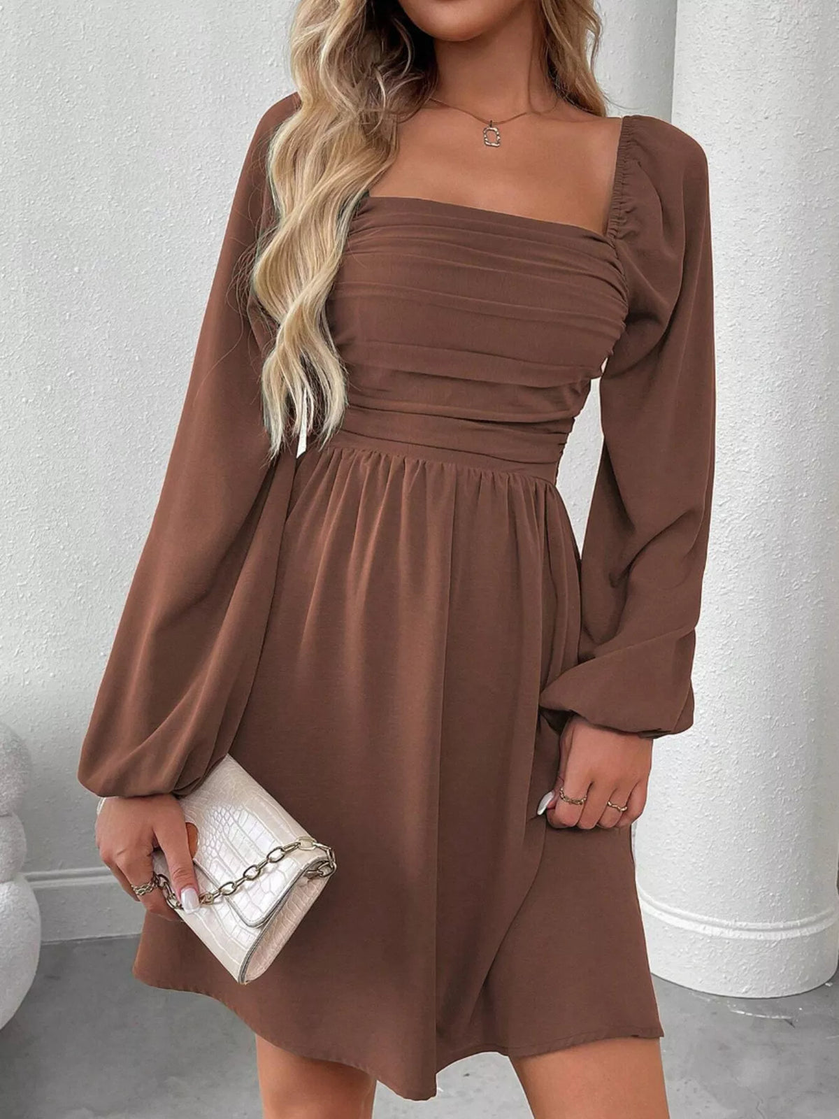 Ruched Square Neck Long Sleeve A-Line Dress - alternate view 18