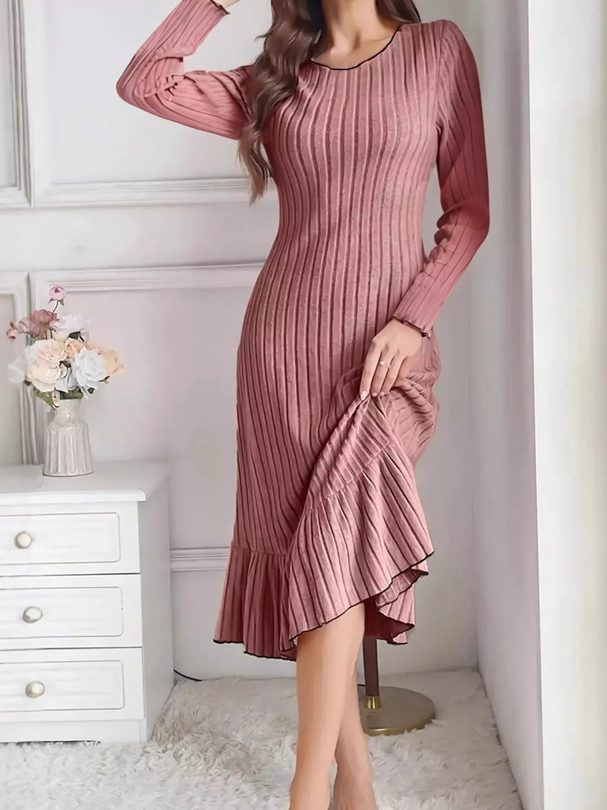 Full Size Ribbed Knit Ruffle Hem Bodycon Dress Plus Size - alternate view 3