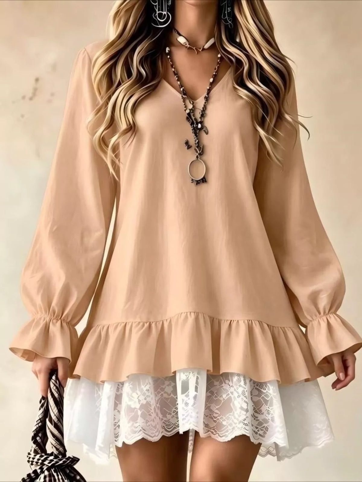 V-Neck Long Sleeve Ruffle Hem Lace Trim Mini Dress - alternate view 7