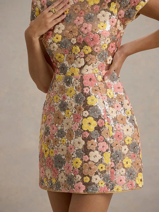 Floral Sequin Short Sleeve Mini Dress - alternate view 2