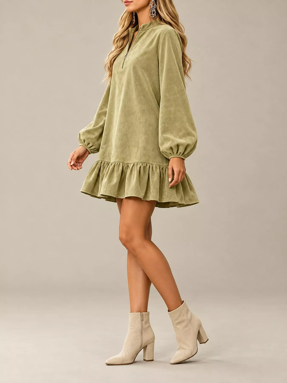 Quarter-Zip Ruffle Hem Mini Dress - alternate view 2
