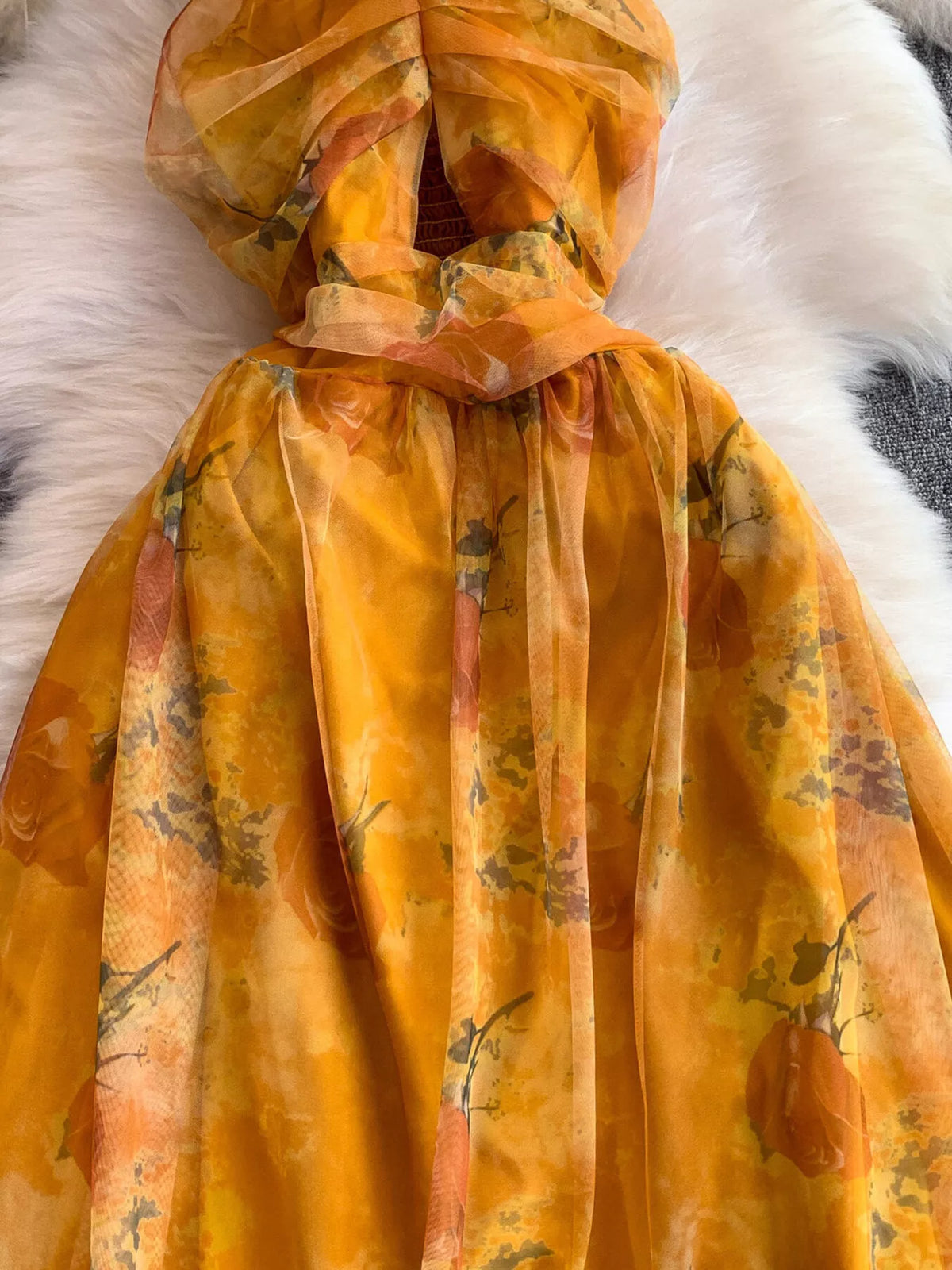 Floral Print Ruffled Layered Mesh Dress - alternate view 7