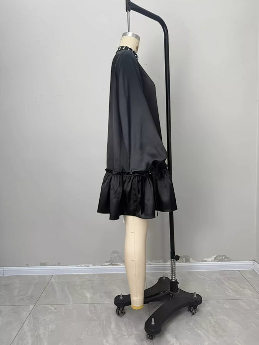 Pearl-Embellished Mock Neck Ruffle Hem Dress - alternate view 6