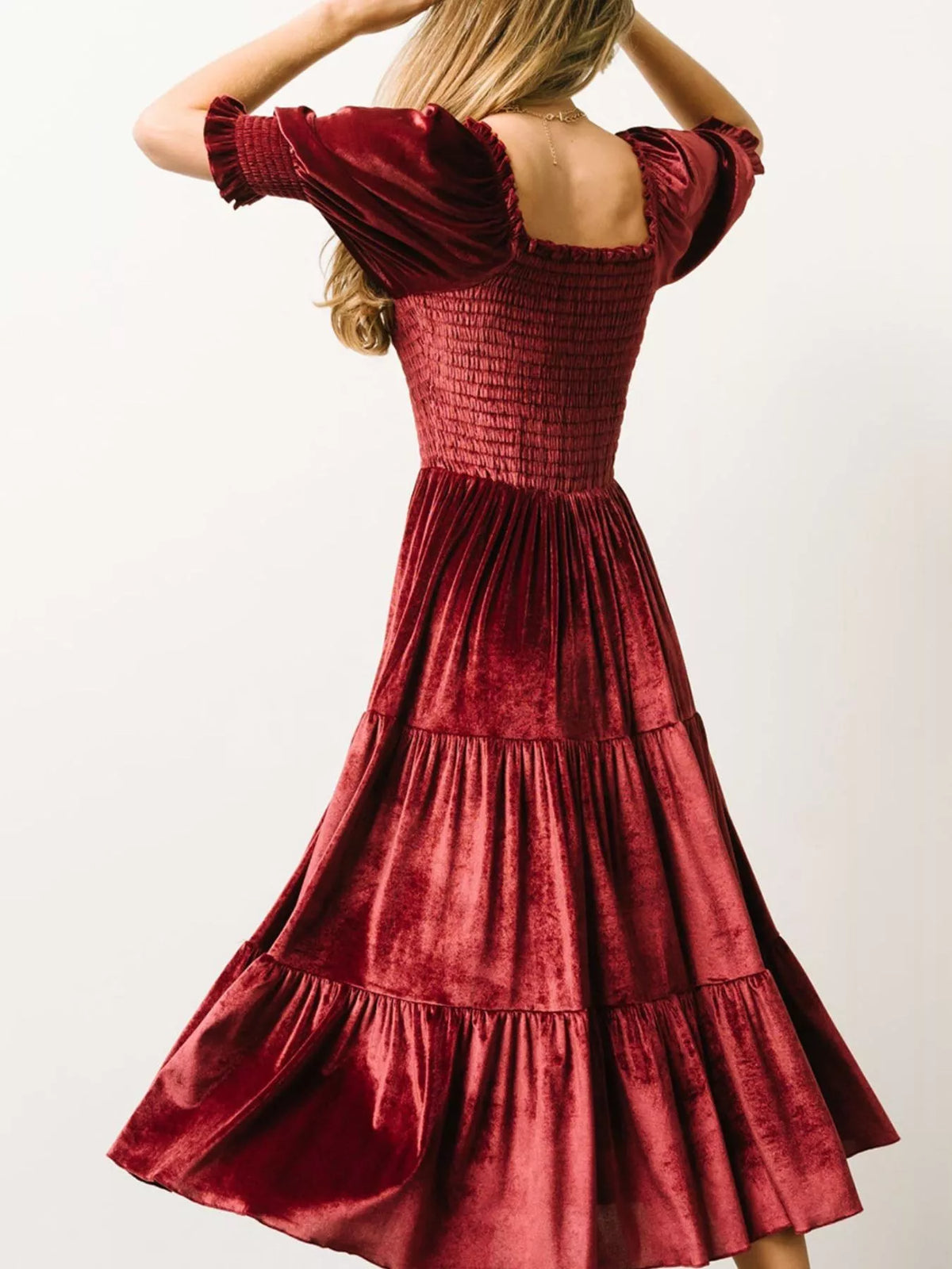 Velvet Smocked Tiered Midi Dress - alternate view 15