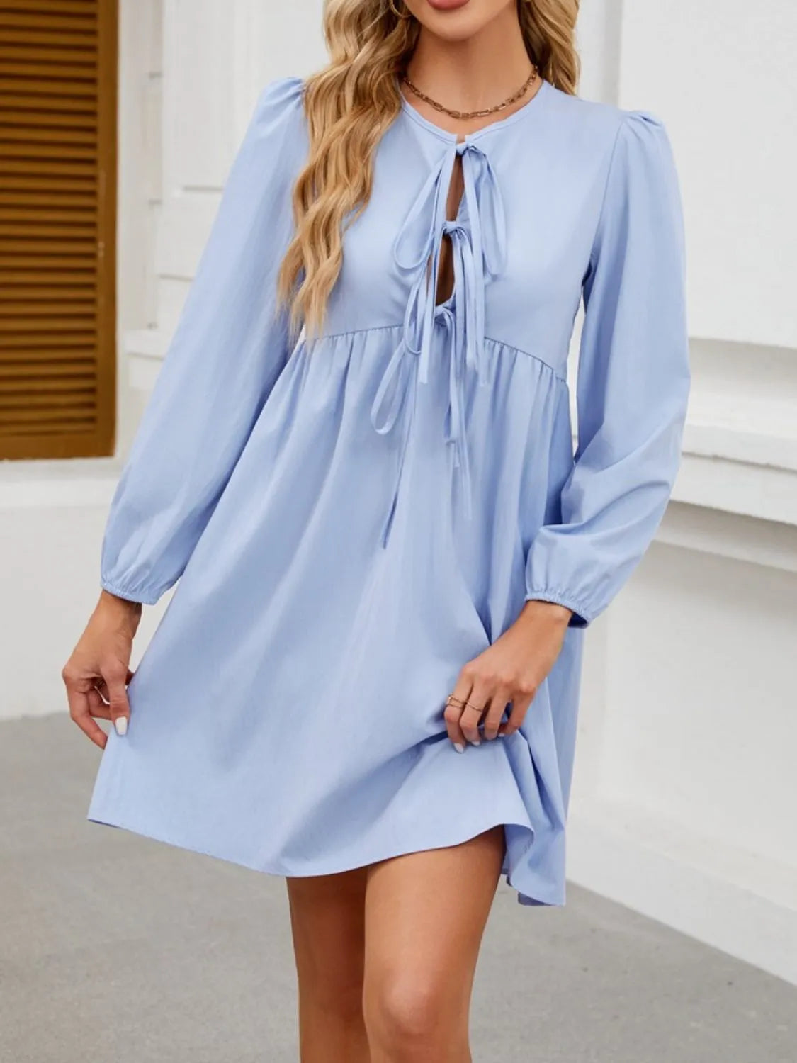 Tie Front Long Sleeve Mini Dress - alternate view 5