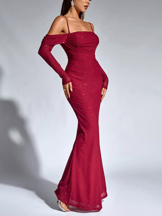 Glitter Ruched Long Sleeve Mermaid Maxi Dress - alternate view 6