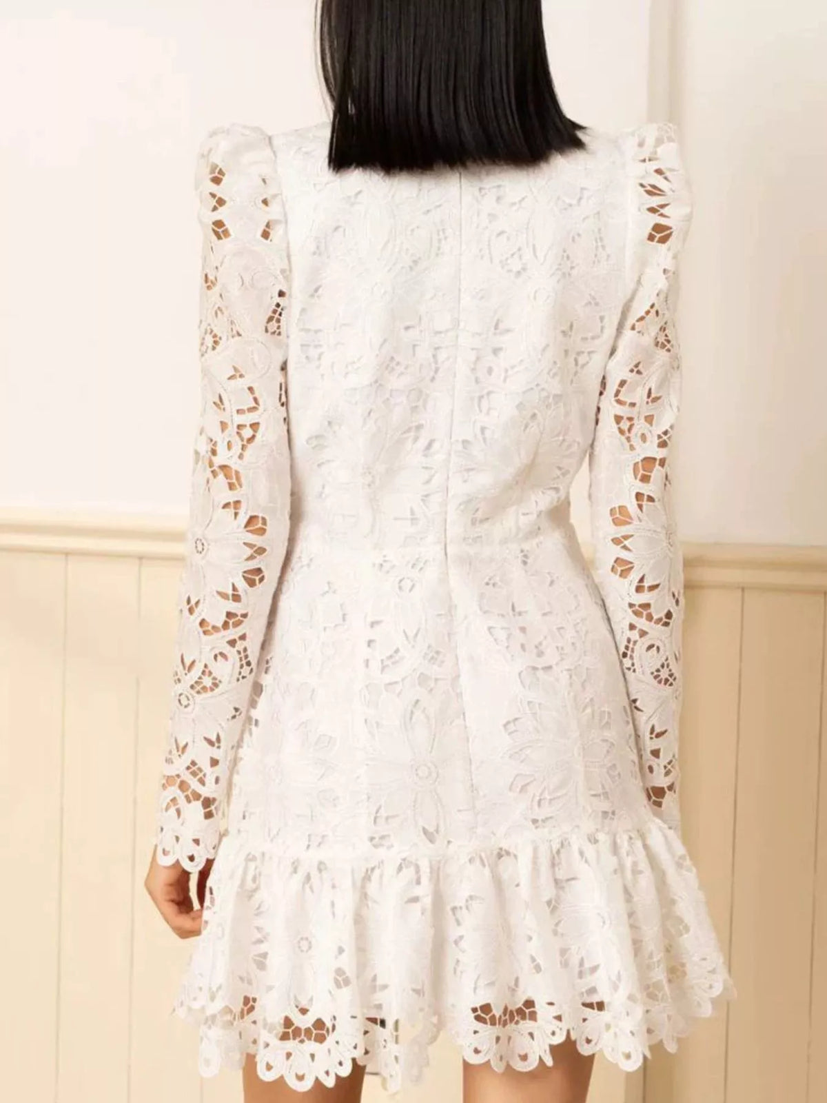 Lace Long-Sleeve Mini Dress with Scalloped Neckline - alternate view 4