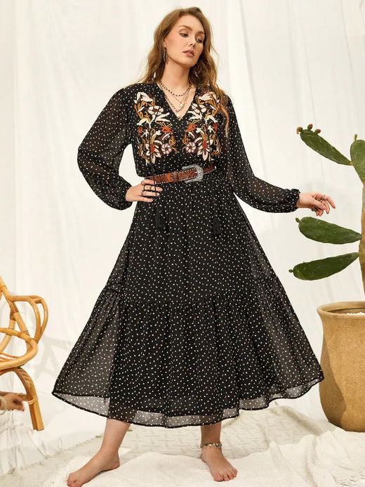 Embroidered Tassel Balloon Sleeve Dress - alternate view 3