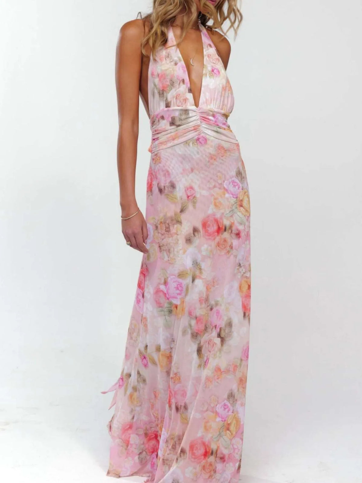 Floral Halter Neck Deep V Maxi Dress - alternate view 2