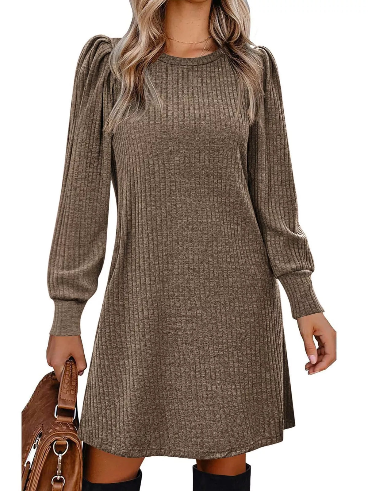 Puff Sleeve Ribbed Knit Long Sleeve Mini Dress with Pockets - alternate view 17
