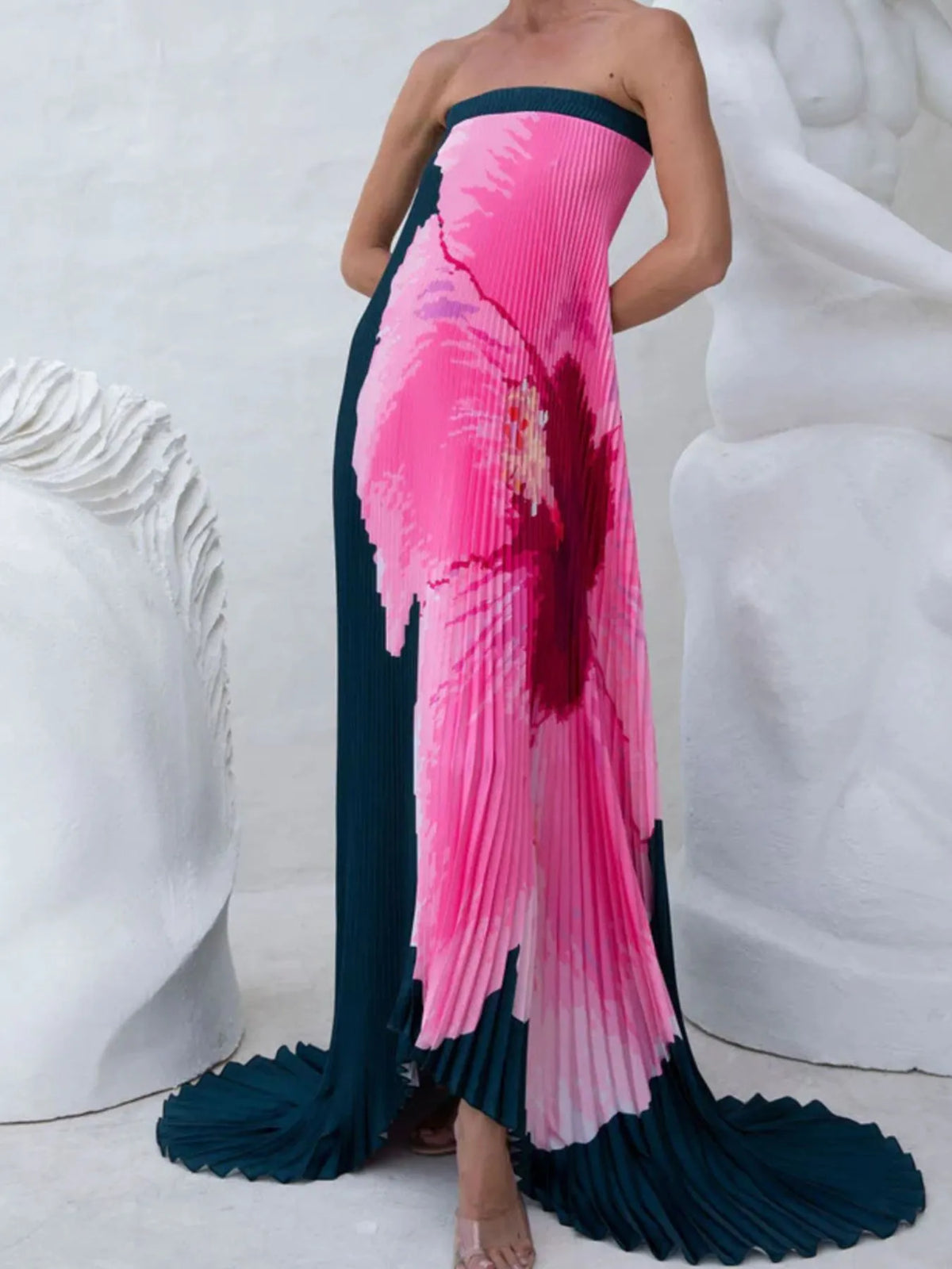 Pleated Printed Tube Floor Length Dress - alternate view 5
