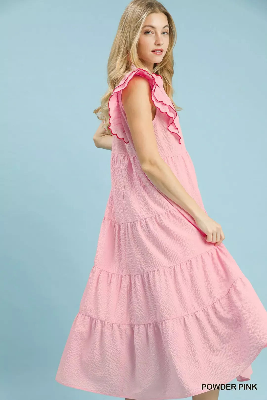 Seersucker Ruffle Sleeve Tiered Midi Dress - alternate view 2