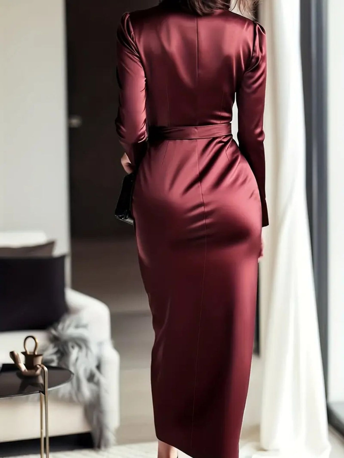 Satin Tie Waist Long Sleeve Dress - alternate view 2